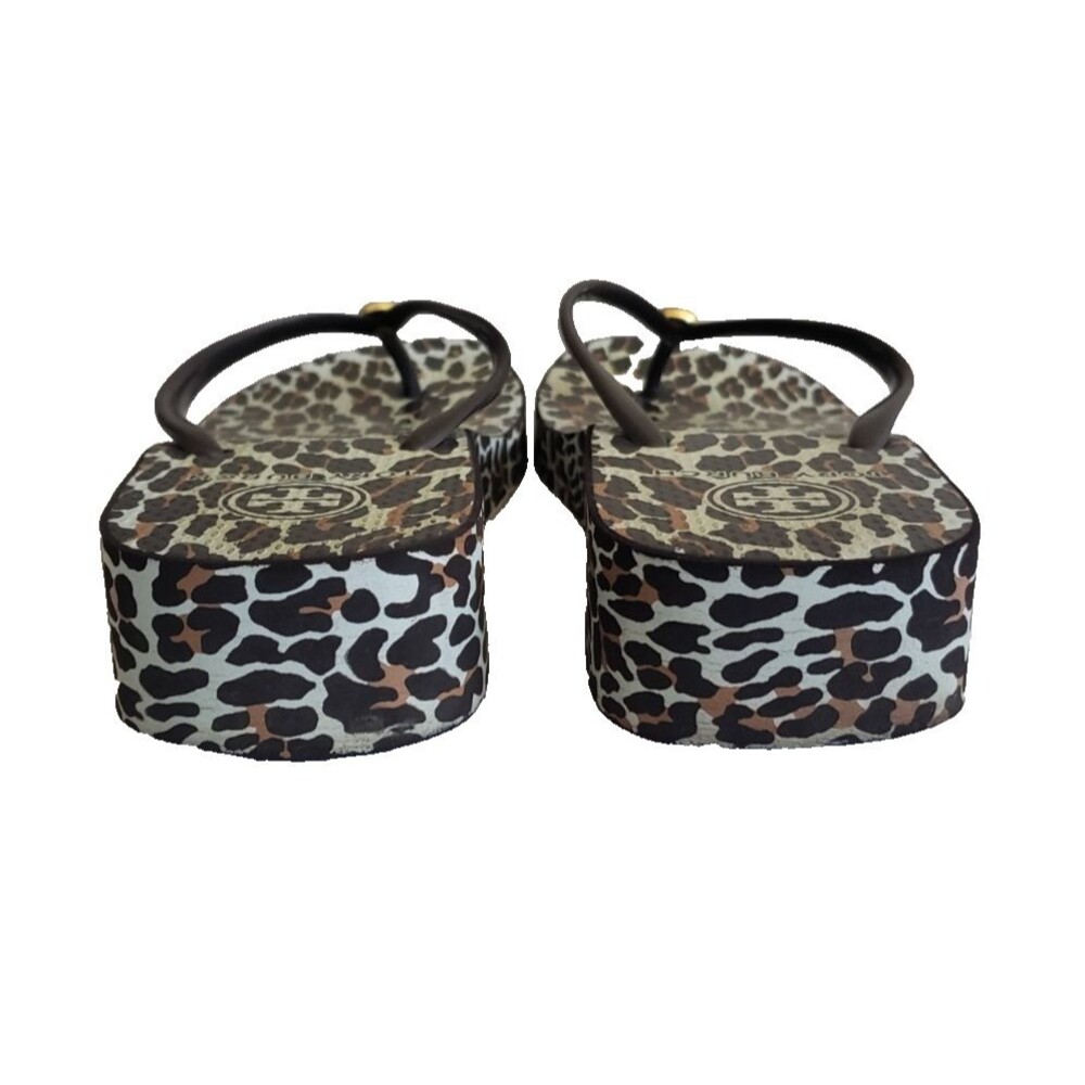 Tory Burch Thandie Wedge Flip-Flop Thong Sandals Brown-Multi Leopard Print Sz 10 - Picture 7 of 10